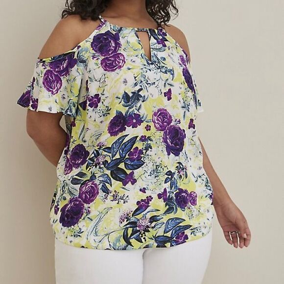 NWT TORRID GEORGETTE CHAIN-LINK COLD SHOULDER BLOUSE SIZE 00 - Picture 1 of 5